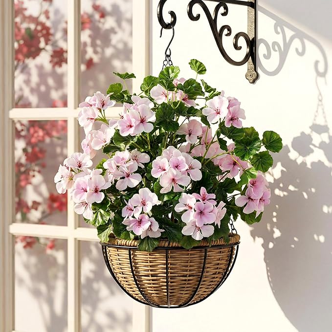 Artificial Flowers for Outdoors 17.7In Artificial Geraniums for Indoor Fake Flowers 4PCS Uv Resistant Artificial Outdoor Flowers for Indoor Home Decor Outdoor Garden Decoration(Pinkish White)