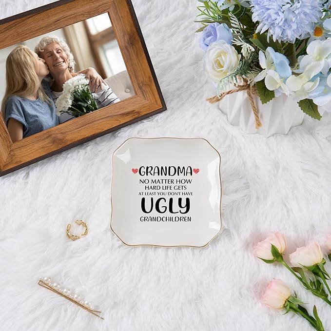 Grandma Gifts Jewelry Dish Ring Tray, Grandmother Birthday Gifts for Grandma Christmas Valentines Mother's Day Gift from Grandkids-No Matter How Hard Life...You Don't Have Ugly Grandchildren