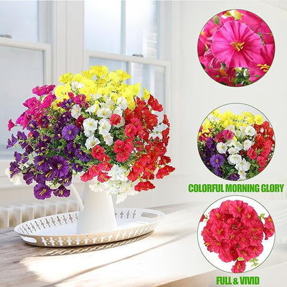 Artificial Flowers for Outdoors 12 Bundles Realistic Faux Plants UV Resistant Fake Silk Morning Glory with Eucalyptus for Front Door Planter Patio Porch Spring Summer Decoration (6 Mixed Color)