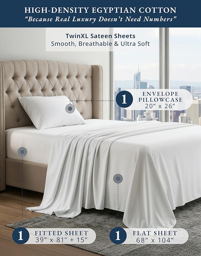LANE LINEN 100% Egyptian Cotton Extra Long Twin Sheets, Soft & Comfy No Pill Fade Resistant Twin XL Sheet Sets Perfect for Hospital Beds and Dorm Room, 15" Deep Pocket - White