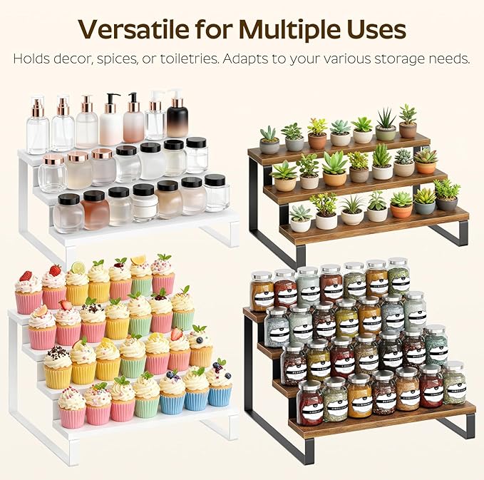 Spice Rack, 4 Tier Wooden Display Riser Stand, Kitchen Storage Organizer for Spices, Versatile Display Shelf, Space Saving, for Kitchen Countertop and Cabinet, Rustic Brown SR04L2BR