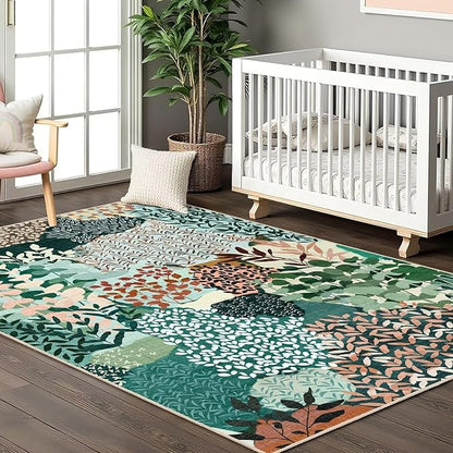 DEXDE Washable Area Rug 3x5 for Living Room, Abstract Small Boho Rugs Non Slip Soft Kids Room,Vintage Leaves Floral Carpet for Bedroom Entryway Kitchen Office Dining Room, Dark Green