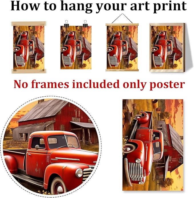 Red Truck Poster Rustic Landscape Pictures Farmhouses Tractor Wall Art Country House Painting Farmhouse Barn Prints Old Barn Posters Red Farmhouse Picture Sunset Farmhouses Wall Art 16x24in No Frame