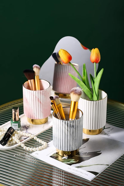 IEEK Makeup Brush Holder Organizer - Comb Brushes, Pens, Pencils, Glasses & Toothbrushes - European Style Striped Container, Grey and Gold