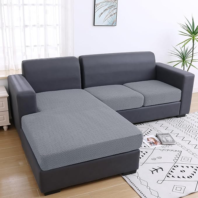 Smiry Waterproof Couch Cushion Covers, Stretch Jacquard Sectional Couch Covers, L Shape Chaise Lounge Sofa Slipcover, Washable Elastic Furniture Protector for Pets, Kid (XL-Chaise Cover, Light Grey)