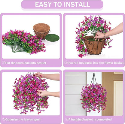 Artificial Hanging Flowers Plants with Basket for Outdoors, Realistic Faux Silk Daisy Flower Eucalyptus for Spring Decor, UV Resistant Fake Plants for Porch Patio Yard Balcony, Purple Violet