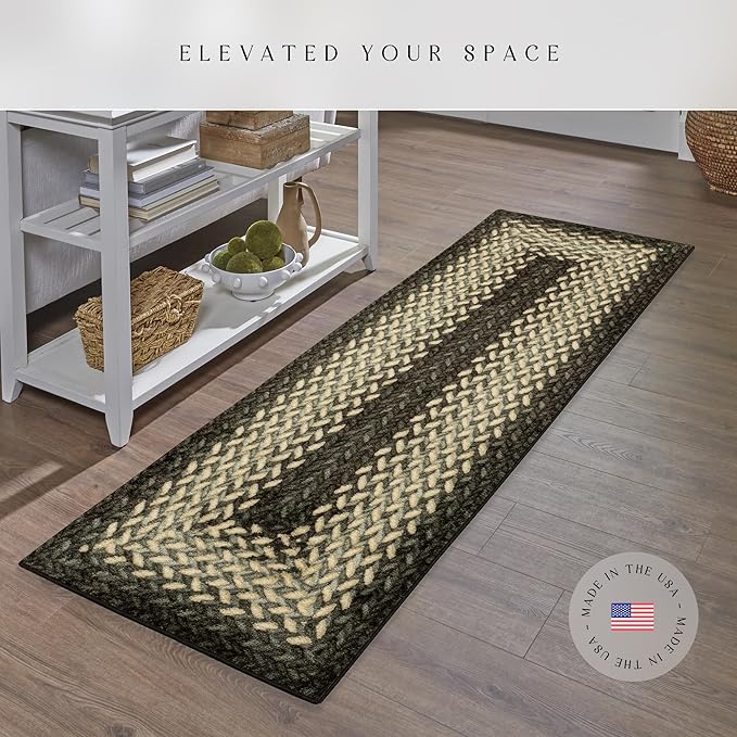 Maples Rugs Marion Bohemian Braided Design Print Runner Rug – Made in USA – Washable, Non Slip Indoor Carpet for Hallway, Kitchen, and Laundry Room, 2' x 6', Black