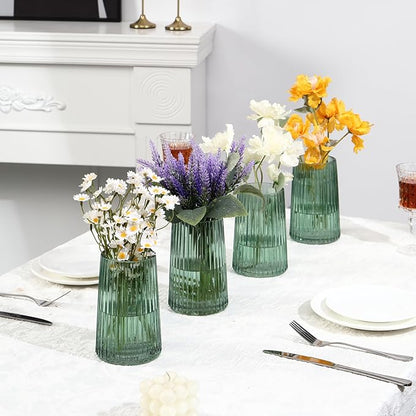 Green Glass Vases Set of 4, Small Vases for Flowers, Flower Vase for Bouquet, Modern Ribbed Glass Vase for Living Room, Bedroom, Dining Table, Office, Wedding, Centerpieces