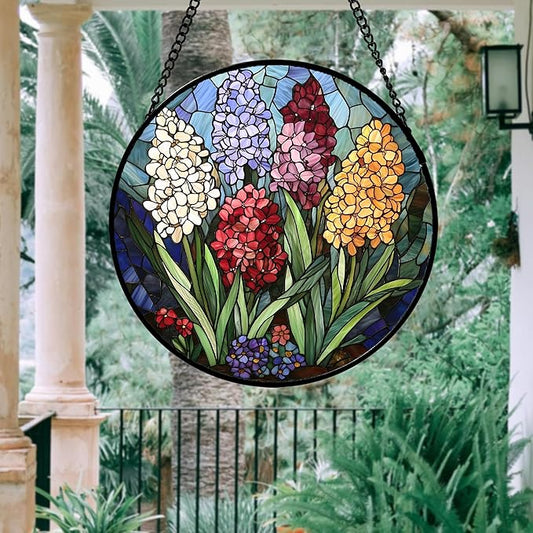 DASTOLL Stained Glass Window Hanging, Colorful Hyacinth Flowers Suncatcher for Doors Window Home Plant Sun Catchers Decoration Mother's Day Birthday Gifts for Women, Men, and Mom 9.8x9.8 in