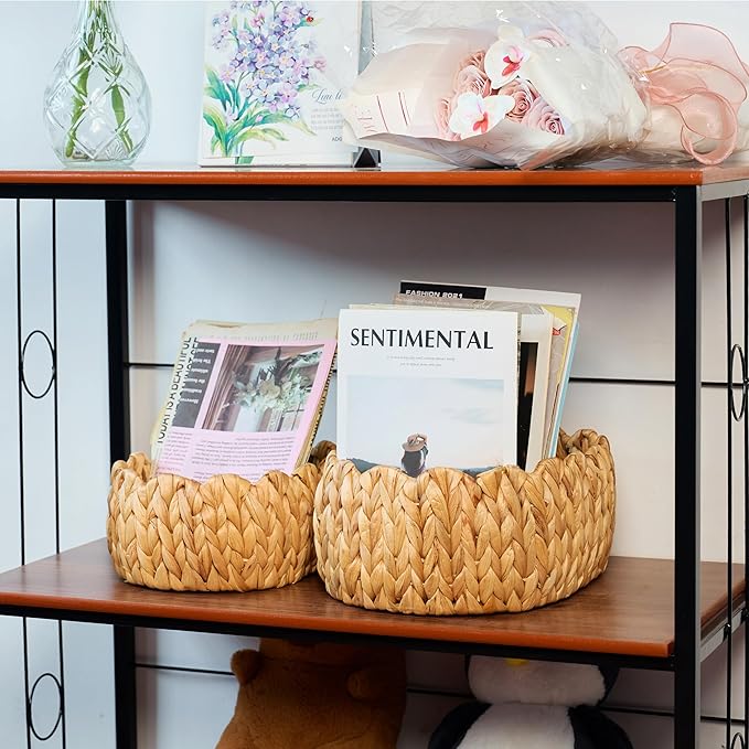 Set of 2 Small Wicker Storage Basket, Oval Water Hyacinth Baskets for Organizing, Scalloped Edge Rattan Basket for Shelf Organizer, Nursery Room