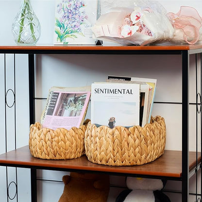 Set of 2 Small Wicker Storage Basket, Oval Water Hyacinth Baskets for Organizing, Scalloped Edge Rattan Basket for Shelf Organizer, Nursery Room