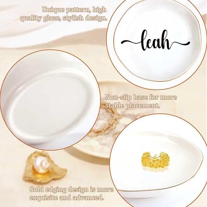 JoycuFF Leah Personalized Name Ceramic Jewelry Tray, Mothers Day Christmas Anniversary Engagement Birthday Gifts for Women Couples, Trinket Dish for Rings Earrings Necklaces Bracelets Keys