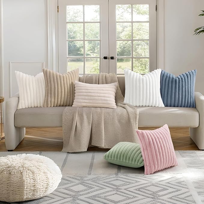 decorUhome Faux Fur Spring Throw Pillow Covers 26x26 Set of 2, Decorative Soft Plush Striped Neutral Couch Euro Sham Pillow Covers with Velvet Back for Sofa, Bed, Living Room Home, Sage Green