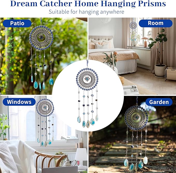 Evil Eye Dream Catcher, Handmade Blue Agate Stone Catcher with Crystals, Protective Bohemian Wall Hanging Decor for Bedroom, Window, Garden - Unique Housewarming Gift for Friends and Family