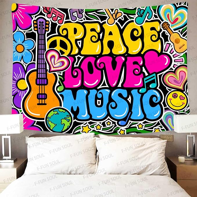 F-FUN SOUL Peace Love Tapestry Groovy Tapestry, 40x30inches, 70s Music Tapestries Psychedelic Art Tapestries Wall Hanging for Bedroom Living Room Decor Banner