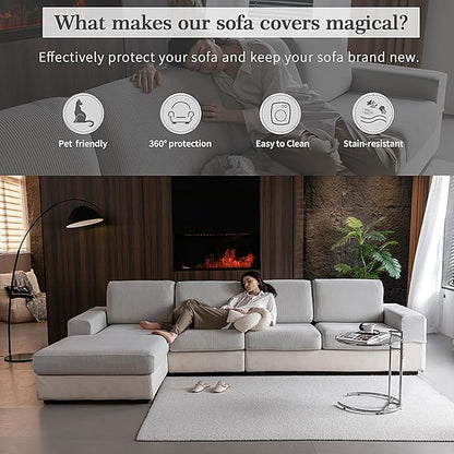 Sectional Couch Covers, Wear Resistant Stretch Sofa Covers Washable Soft Couch Cushion Covers Anti Slip Furniture Protector Sofa Slipcovers for Pets(4 Pieces 3 Seaters+1 Chaise, Light Gray)