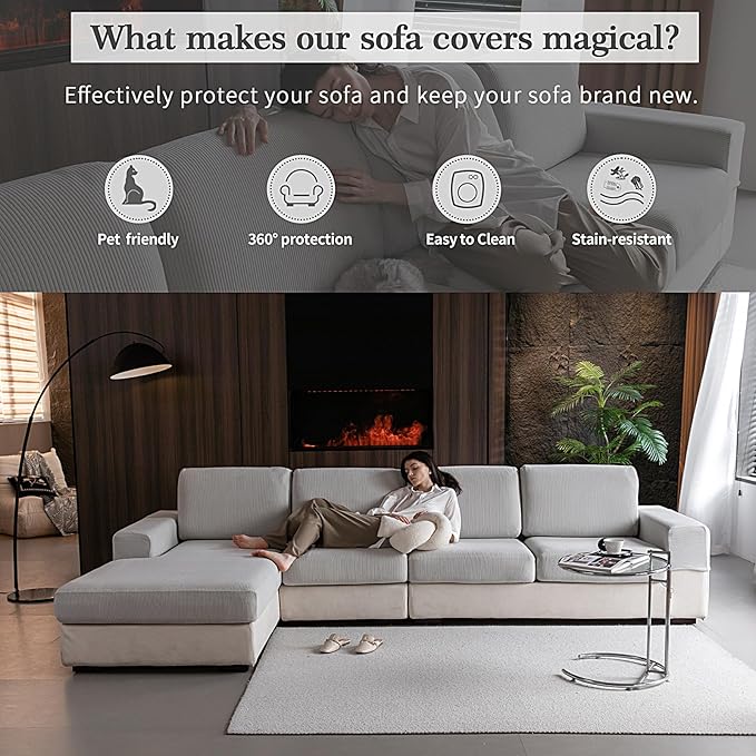 Sectional Couch Covers, Wear Resistant Stretch Sofa Covers Washable Soft Couch Cushion Covers Anti Slip Furniture Protector Sofa Slipcovers for Pets (1 Piece Loveseat Cover, Light Gray)