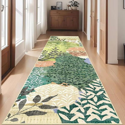 DEXDE Runner Rug 2x8 Washable Hallway Boho Soft Area Rugs Abstract Long Non Slip Leaves Floral Vintage Floor Carpet for Entryway, Kitchen, Laundry, Bathroom, Bedroom,Green
