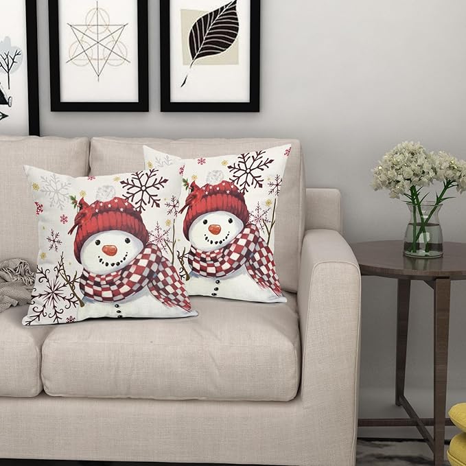 Christmas Pillow Covers 22x22 Set of 2 Red Snowman Throw Pillow Covers Winter Pillowcase Linen Decoration Farmhouse Bird Cozy Soft Cushion Case Couch for Indoor Outdoor Home Decor