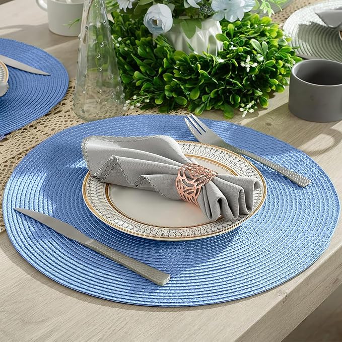 AHHFSMEI Round Braided Placemats 15 Inch Round Table Mats for Dining Tables Natural Woven Heat Resistant Place mats Set of 6 (Sky Blue)