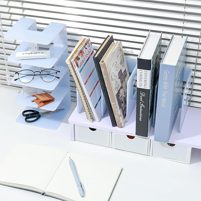 BAYTORY 2Pcs Acrylic File Holder Purse Organizer, Sturdy Desktop File Sorter Organizer, Binder Shelf for Office Desk Kitchen Shelf Closet (Blue)
