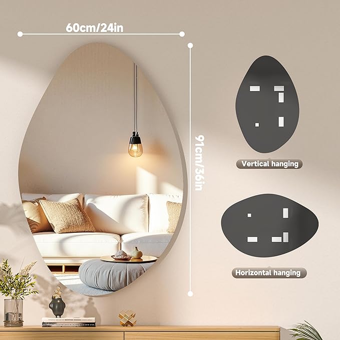 Hasipu Irregular Wall Mirror - 36"x24" Asymmetrical Frameless Mirror, Modern Decorative Mirrors for Living Room, Entryway, Hallway, Bathroom, Bedroom,Wall Mounted Home Decor