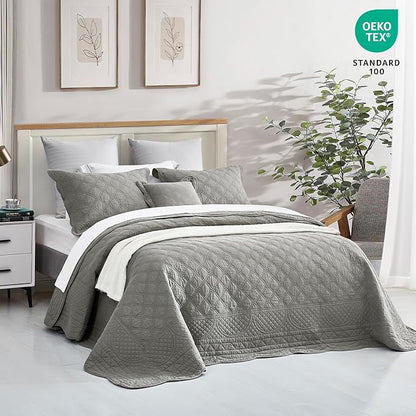 CHIXIN Oversized Cotton Bedspread King Size - Real Stitching - Luxury Quilted Bedding Cover for All Season, Reversible, Ultra Soft, Lightweight, 3 Piece, Grey
