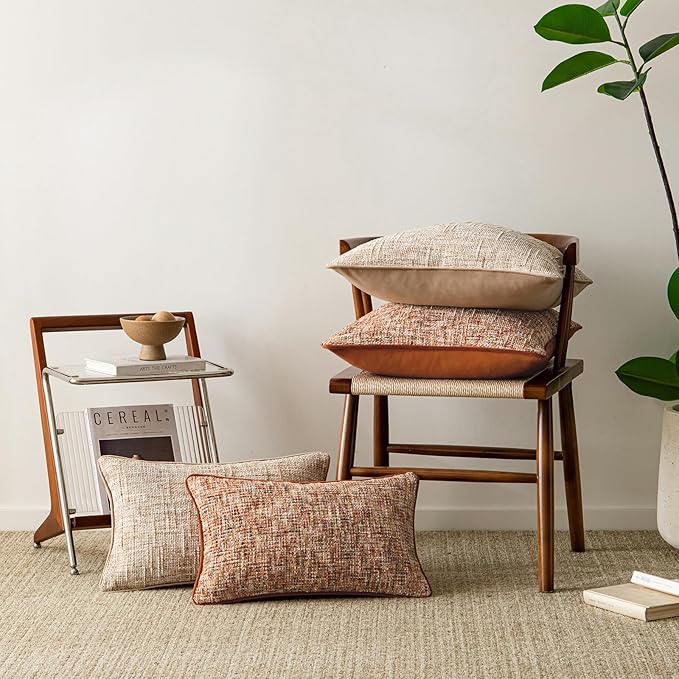 a moment Fall Rust Orange Reversible Pillow Covers 2 Pack - Farmhouse Chenille Throw Pillows, Neutral Textured Decorative Throw Pillow Covers with Border for Couch Sofa Bed (12x20 Inch, No Insert)