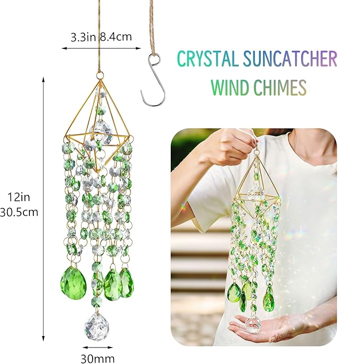 HDCRYSTALGIFTS Crystal Suncatcher Glass Wind Chimes Style Sun Catchers Indoor Window Rainbow Prisms Suncatcher for Window Hanging Home Garden Decor (21.5inch,Green)