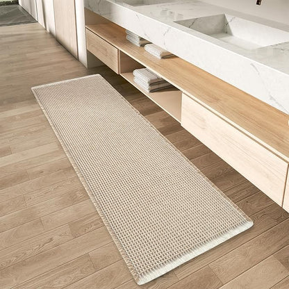 AMOAMI Upgraded Waffle Runner Rug Super Absorbent Non Slip Bath Mats for Bathroom Machine Washable Bathroom Runner Rug with Tassels, Ideal for Hallway Bedroom Laundry Room, 17" x 72", Brown & Cream