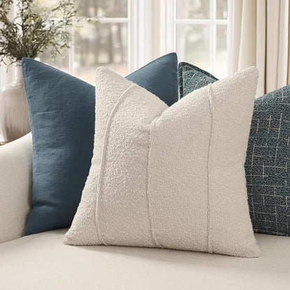 YCOLL Textured Boucle Throw Pillow Covers 22x22 Pack of 2 - Soft Neutral Striped Cushion Covers, Cozy Accent Decorative Pillow Covers for Couch, Sofa, Bed, Living Room (Beige)