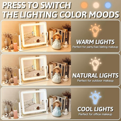HNV 16"x12" Vanity Mirror with Lights, Hollywood Lighted Makeup Mirror with 10X Magnification, Smart Touch Control, 3 Color Dimmable LED, Square Frame Tabletop or Bathroom Dresser Mount (White)
