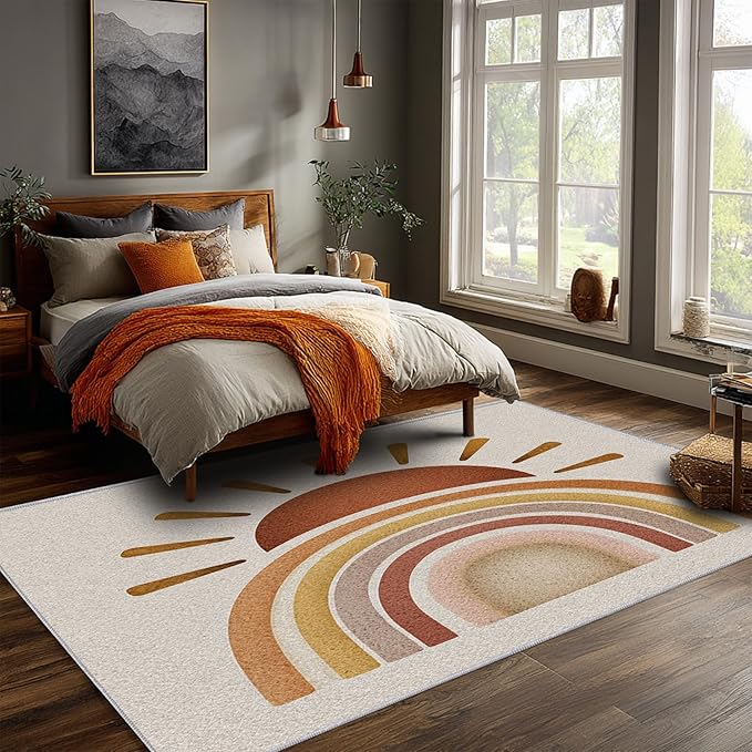 Minimalist Rug, 8x8 Area Rugs Boho Sun Rainbow Arch Pattern for Living Room, Bedroom, Minimalist Home Decor Accessories Indoor Carpet, Non Slip & Machine Washable