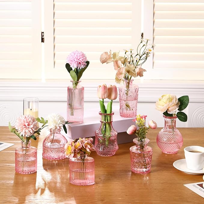 Glass Bud Vases Set of 48, Pink Vases for Centerpieces, Small Glass Vase for Flowers, Vintage Bud Vase in Bulk for Wedding, Party, Events, Reception, Home Decor