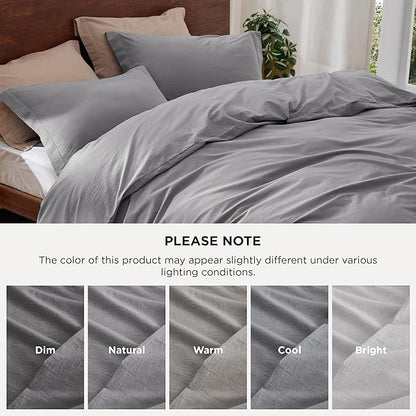 Bedsure 100% Washed Cotton Duvet Cover King Size - Grey Minimalist Cotton Duvet Cover Linen Like for All Seasons - GentleSoft™ Plain Simple Bedding, 3 Pieces (Grey, King, 104"x90")