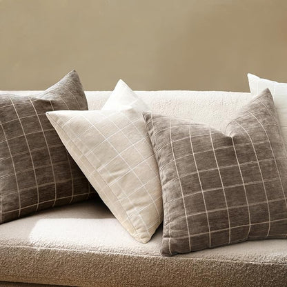MIULEE Decorative Chenille Check Throw Pillow Covers Vintage Plaid Couch Pillows 18x18 Inch Set of 2 Neutral Boho Farmhouse Cushion Covers Modern Spring Home Decor for Sofa Bed Living Room Taupe Grey