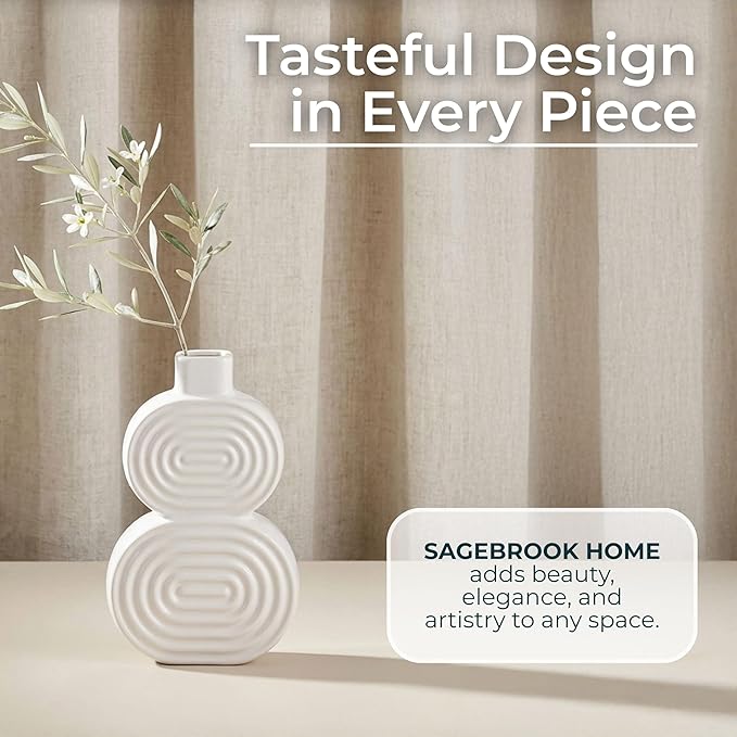Decorative Flower Vase for Home Decor – Ceramic Modern Flower Vase with Stacked Design, Stylish Table Centerpiece for Living Room or Entry Display - Boho for Faux Flowers and Greenery – 10", White