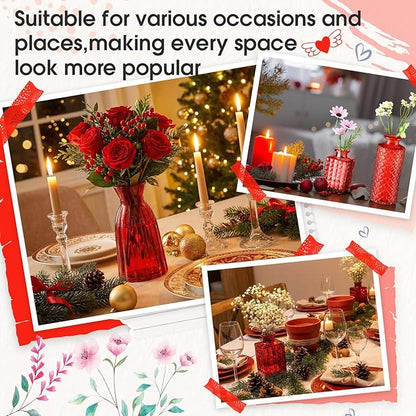 Yaomiao 30 Pcs Vases Bulk Colored Flower Glass Bud Vases Valentine Vintage Colored Glass Bottles Colorful Rustic Embossed for Home Wedding Table Decorations Gifts (Red Series)