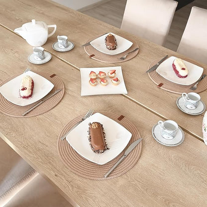 Round Placemats, Set of 4, Handmade by Braided Cotton Cord for Kitchen and Dining Table, Dia. 12.6 Inch, Doublesided, Heat Resistant, Cappuccino