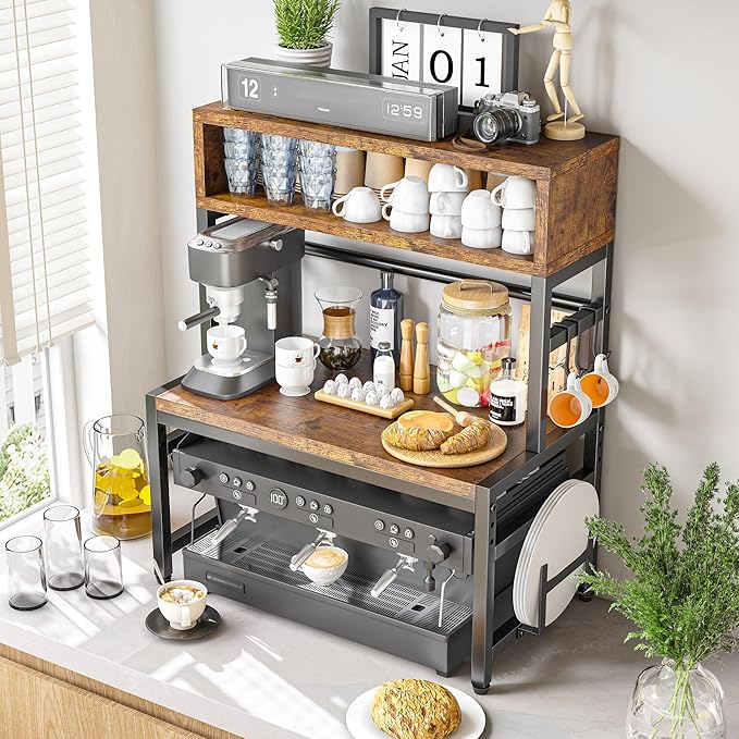 EnHomee Microwave Stand, 4-Tier with 9 Hooks for Kitchen Countertop Organizer, 205LBS Microwave Shelf, Adjustable Kitchen Shelves Microwave Stand with Storage and Microwave Oven Rack (Brown)