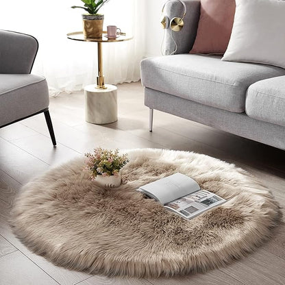 SERISSA Soft Round Faux Sheepskin Fur Area Rug Beige Circle Fluffy Rugs Circular Shaggy Rug Plush Circle Carpet Play Mats for Kids Girls Room Princess Castle Christmas, 5ft Diameter