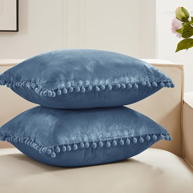 Deconovo Velvet Throw Pillow Covers, Set of 2, Decorative Pom-poms Soft with Invisible Zipper Cover for Sofa,Haze Blue,20x20 Inch