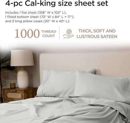 Threadmill Supima Cotton Sheets, 1000 Thread Count Soft 100% Cotton Sheets for Cal King Size Bed, 4 Pc Light Grey Cal King Bed Sheet Set, 5-Star Hotel Quality, Elasticized Deep Pocket Cal King Sheet