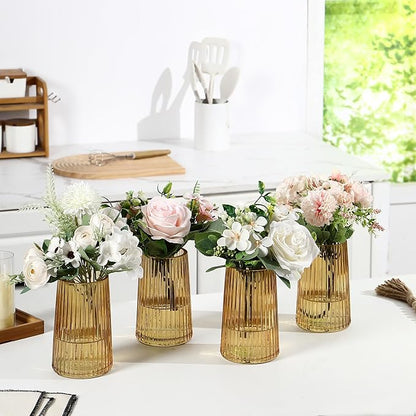 Amber Glass Vases Set of 4, Small Vases for Flowers, Flower Vase for Bouquet, Modern Ribbed Glass Vase for Living Room, Bedroom, Dining Table, Office, Wedding, Centerpieces