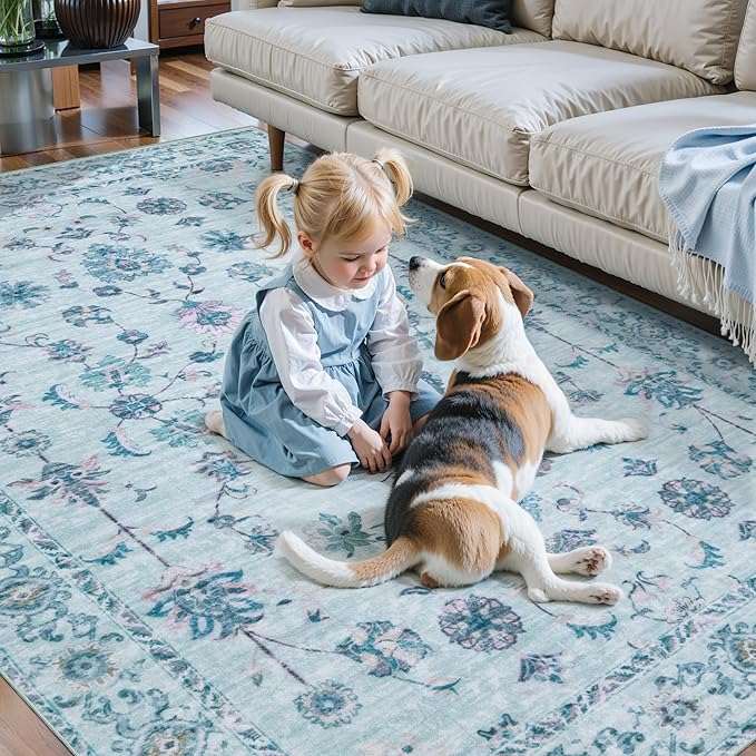 Tangsoo 3x5 Floral Area Rug Washable Non-Slip Low Pile Vintage Boho Distressed Carpet for Bedroom, Entryway, Kitchen, Office, Foyer Decor - Pet & Child Friendly (Light Blue)
