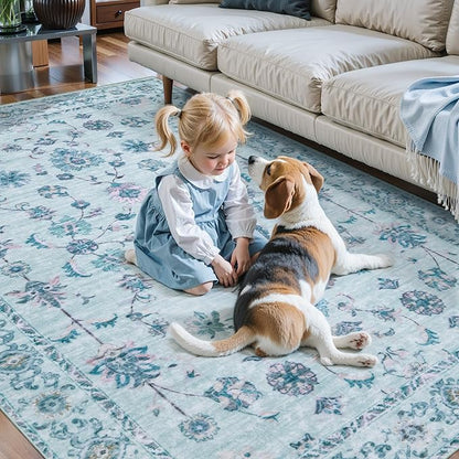 Tangsoo 3x5 Floral Area Rug Washable Non-Slip Low Pile Vintage Boho Distressed Carpet for Bedroom, Entryway, Kitchen, Office, Foyer Decor - Pet & Child Friendly (Light Blue)