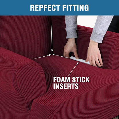 H.VERSAILTEX Wing Chair Slipcover Chair Covers for Wingback Chairs Wingback Chair Covers Slipcovers 1 Piece Stretch Sofa Cover Furniture Protector Soft Spandex Jacquard Checked Pattern, Burgundy Red