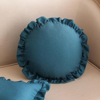 ISAENNE Classic Blue Round Throw Pillow Cover Diameter 16", Solid Color Farmhouse Linen Cotton Decoration Pillow Cover with Ruffles, Sturdy Throw Pillow Case for Couch Sofa Bed Living Room