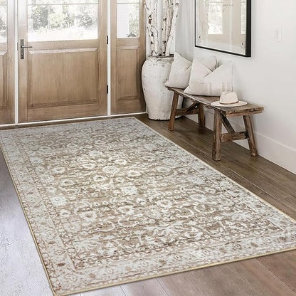 Vintage 4x6 Living Room Washable Rug, Beige Tan White Non-Slip Soft Bedroom Area Rug Thin Printed Faux Wool Floor Super Soft Carpet Throw Rugs for Nursery Playroom Dining Room Indoor Office