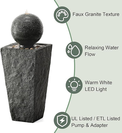 Glitzhome Outdoor Water Fountain with LED Light, Decorative Sphere Pedestal Outdoor Fountain with Submersible Pump, Vintage Waterfall Fountains for Garden Patio Deck Porch, 31.69”H